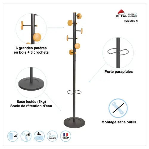 Portemanteau 6 pat&egrave;res bois MUSIC - Noir - ALBA photo du produit