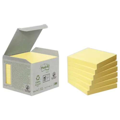 6 Blocs de notes repositionnables recyclées - 7,6 x 7,6 cm - Jaune - Post-It photo du produit