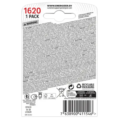 Pile lithium Miniature CR1620 - 3V - Energizer photo du produit