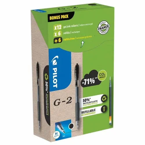12 Stylos bille gel rétractable G2 + 12 (dont 6 gratuites) recharges - Noir - PILOT photo du produit