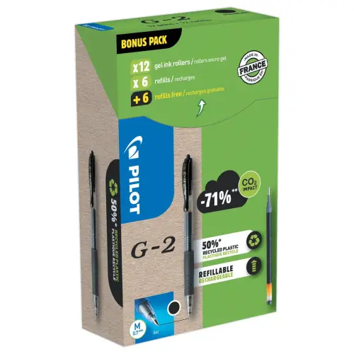 12 Stylos bille gel r&eacute;tractable G2 + 12 (dont 6 gratuites) recharges - Noir - Pilot photo du produit