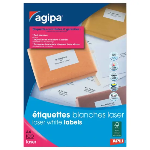 100 Planches d'étiquettes laser 63,5 x33,9mm soit 2400 étiq/boîte - APLI photo du produit