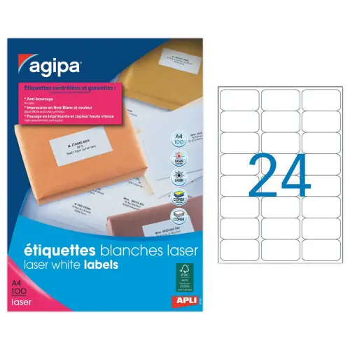 100 Planches d'étiquettes laser 63,5 x33,9mm soit 2400 étiq/boîte - APLI photo du produit