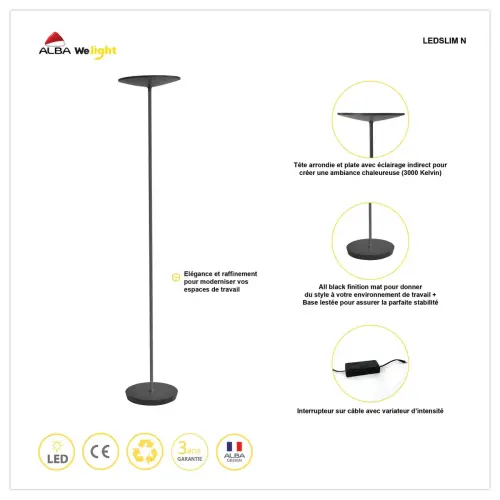 Lampadaire droit Slim – Eclairage LED – 30W – Noir – ALBA photo du produit