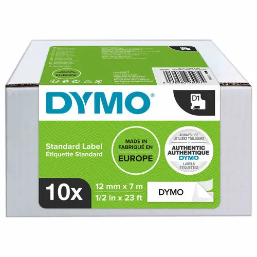 10 Rubans pour titreuse D1 - 12 mm - Impression noir sur fond blanc - DYMO photo du produit