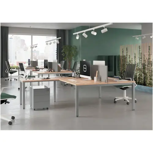 Bureau vis &agrave; vis 4 pieds 160 X 160 X 74 ch&ecirc;ne vein&eacute;/alu photo du produit