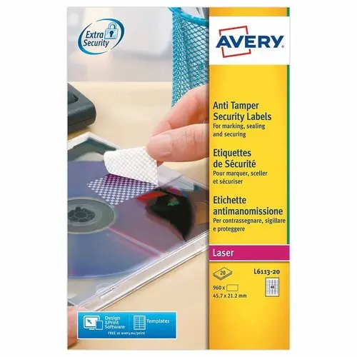 &Eacute;Tiquettes de s&eacute;curit&eacute; laser Avery 45,7 x 21,2 mm 20 f x 48 &eacute;tiquettes photo du produit
