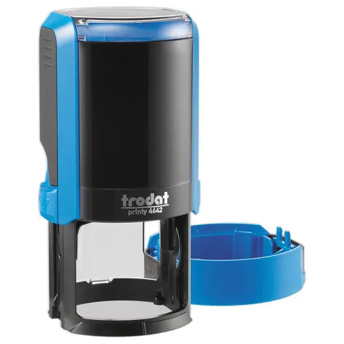 Timbre personnalisable Printy 4642 - Boîtier bleu - Encre noire - Ø42 mm - 8 lignes max. photo du produit