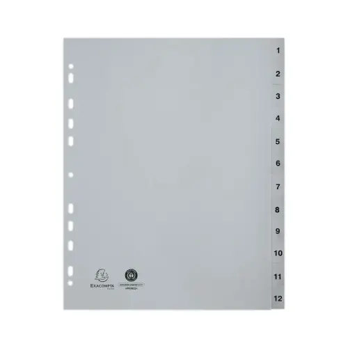 Jeu d'intercalaires imprim&eacute;s num&eacute;riques PP - gris  recycl&eacute; - 12 positions - Exacompta photo du produit