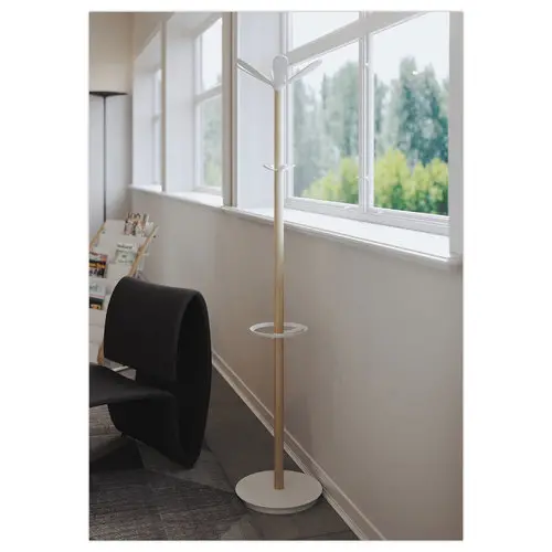 Porte-manteau - 10 pat&egrave;res + porte-parapluie - Bois et m&eacute;tal blanc - ALBA photo du produit