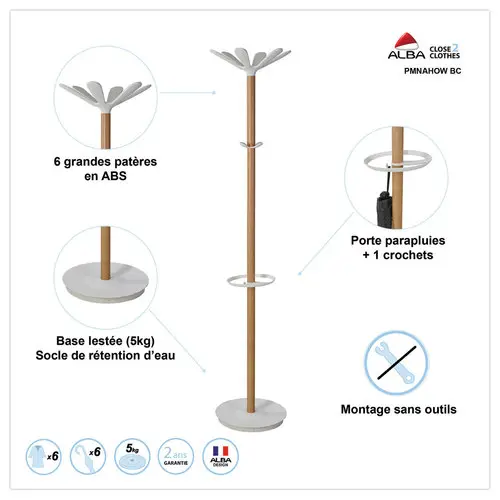 Porte-manteau - 10 pat&egrave;res + porte-parapluie - Bois et m&eacute;tal blanc - ALBA photo du produit
