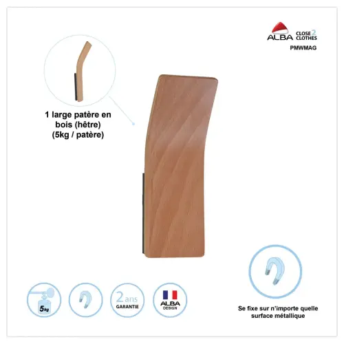 Patère magnétique en bois fixation sans clou ni vis photo du produit