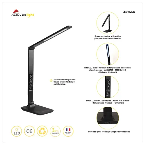 Lampe multifonctions avec port USB - LED - Gris - ALBA photo du produit