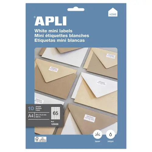 10 Feuilles A4 soit 650 &eacute;tiquettes blanches coins carr&eacute;s 38x21,2 mm photo du produit