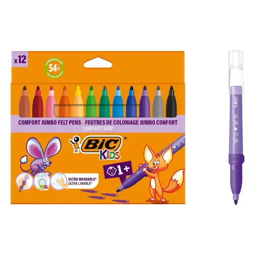 96 Feutres triangulaires Comfort Grip - Encre lavable - Pointe extra-large - Coloris assortis - Bic photo du produit
