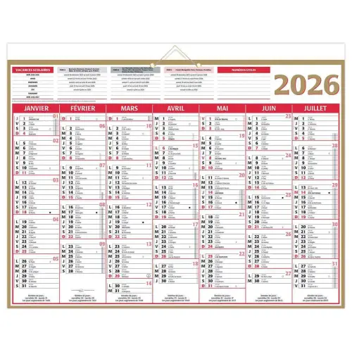 Calendrier banque  Or 14 mois -55 x 40,5 cm - Janvier &agrave; d&eacute;cembre - BOUCHUT GRANDREMY photo du produit