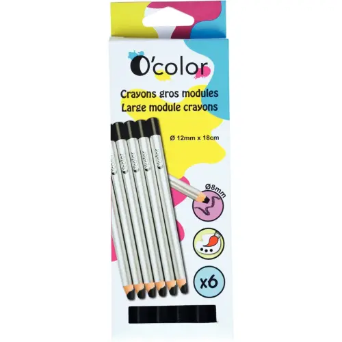 6 Crayons de couleur aquarellables - Pointe large - Noir - O'Color photo du produit