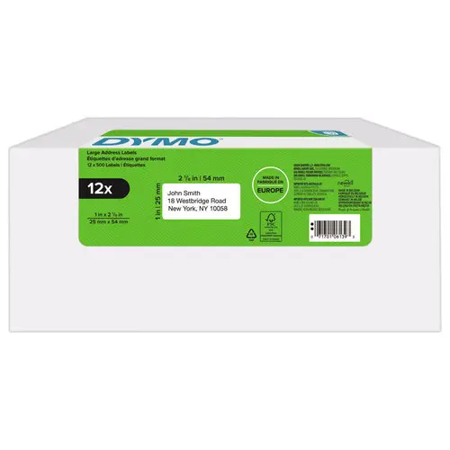 Pack de 12 Rouleaux de 500 étiquettes blanches 25x54mm pour DYMO Label Writer photo du produit