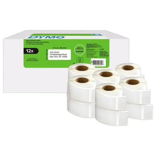 Pack de 12 Rouleaux de 500 étiquettes blanches 25x54mm pour DYMO Label Writer photo du produit