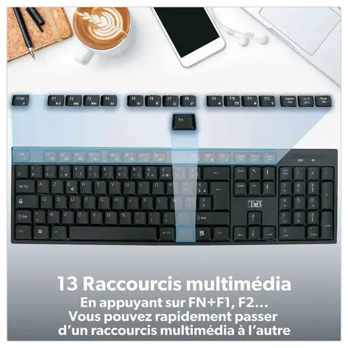 Kit clavier et souris sans fil Classy - 13 raccourcis multim&eacute;dias - R&eacute;cepteur USB unique - Noir - T'NB photo du produit