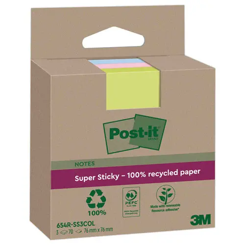 3 Blocs Post-It 7,6 X 7,6 cm, 70 feuilles- assortis photo du produit