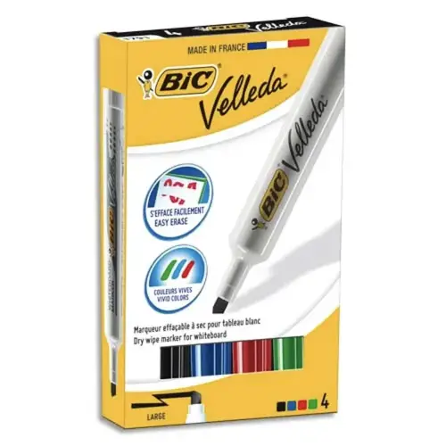 BIC Velleda 1791 Feutres pour Tableau Blanc Effa&ccedil;ables &agrave; Sec Pointe Large Biseaut&eacute;e - Couleurs Assorties, Etui Carton de 4 photo du produit
