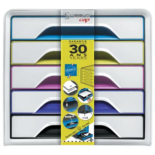 Module de classement Smoove &ndash; 5 tiroirs &ndash; Blanc et tiroirs color&eacute;s &ndash; CEP photo du produit