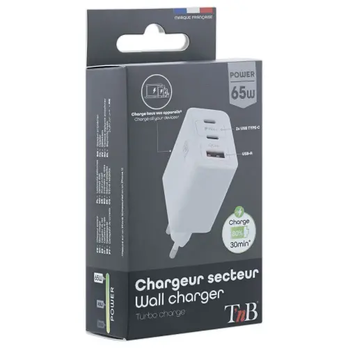 Chargeur secteur 3 ports USB 65W photo du produit