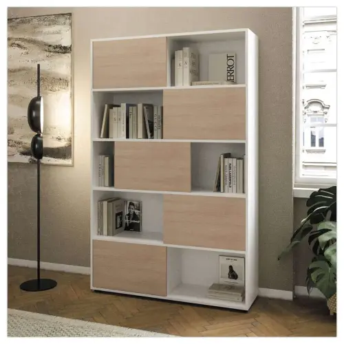 Biblioth&egrave;que blanc 10 cases 5 portes ch&ecirc;ne mont&eacute;e photo du produit