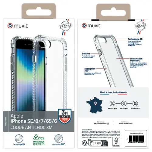 Coque pour IPhone SE/8/7/6S/6 avec c&ocirc;t&eacute;s renforc&eacute;s - Souple - Transparente - Muvit photo du produit