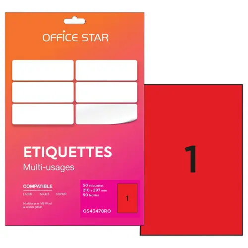 50 Planches étiquettes L210xH297mm, 50 étiq/ boîte, rouge photo du produit