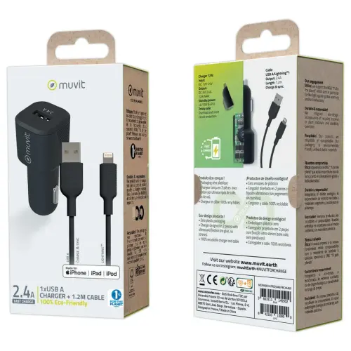 Chargeur voiture 12 W + Câble lightning 1.2 M - Entrée 12-24 V. - Muvit photo du produit
