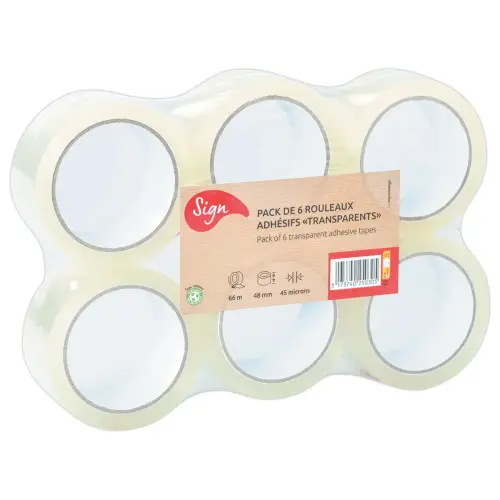 6 Rouleaux d'adh&eacute;sif d'emballage - 66 m x 48 mm - 45&micro; - Transparent - SIGN photo du produit