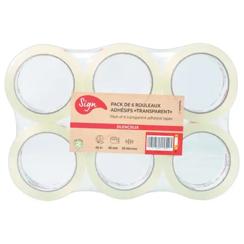6 Rouleaux d'adhésif d'emballage - 66 m x 48 mm - 50µ - Transparent - SIGN photo du produit