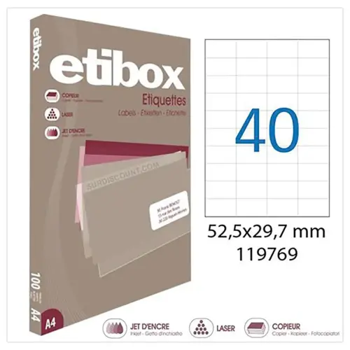 100 ÉTiquettes MU ETIBOX coins carrés 52,5x29,7 mm 4000 étiq/boîte photo du produit