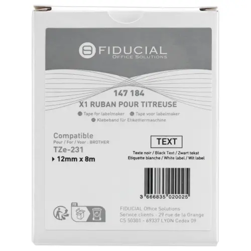 Ruban comp BROTHER TZE 231 12mm blanc impression noire photo du produit