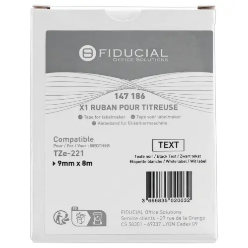 Ruban comp Brother TZE 221 9mm blanc impression noire photo du produit