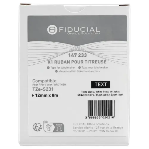 Ruban comp BROTHER TZSE 231 12mm blancimpression noire LAM photo du produit
