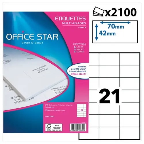 2100 éTiquettes Office Star blanches 70 x 42 mm, impression Laser photo du produit