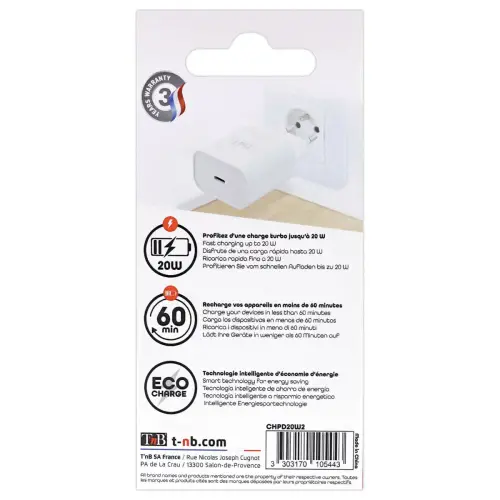 Chargeur secteur 1 USB-C PD 20W photo du produit