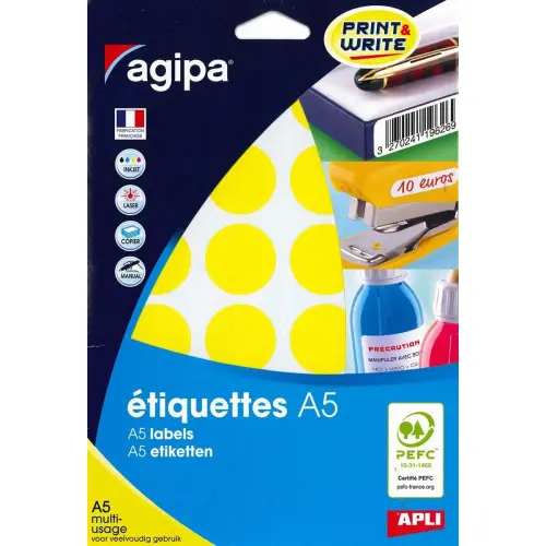 240 Pastilles adh&eacute;sif permanent - &Oslash; 30 mm - Jaune - APLI photo du produit