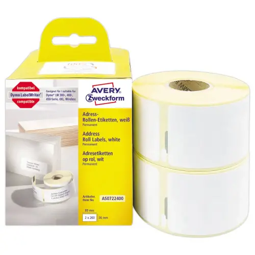 2 Rouleaux de 260 &eacute;tiquettes blanches 36x89 mm pour DYMO LW 450 photo du produit
