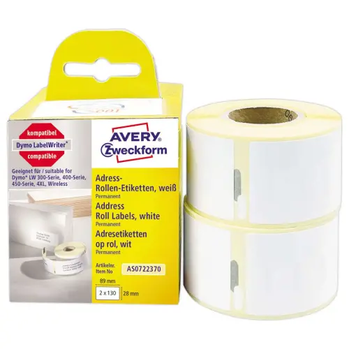 2 Rouleaux de 130 &eacute;tiquettes blanches 28x89mm pour DYMO LW 450 photo du produit