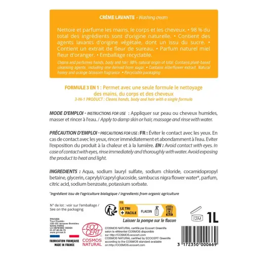 Crème lavante 3 en 1, parfum miel fleur d'oranger COSMOS 1L photo du produit