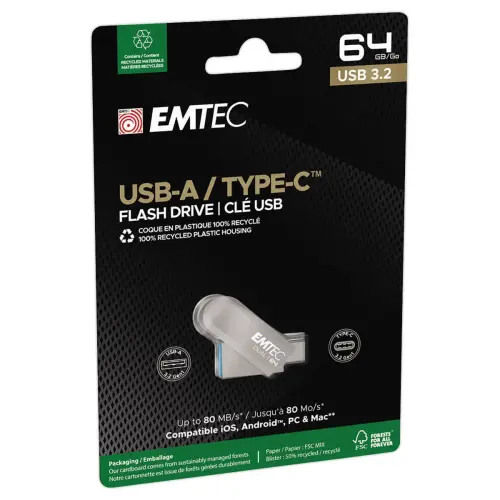 Clé USB double connectique 2.0 USB-A/USB-C 64Go photo du produit