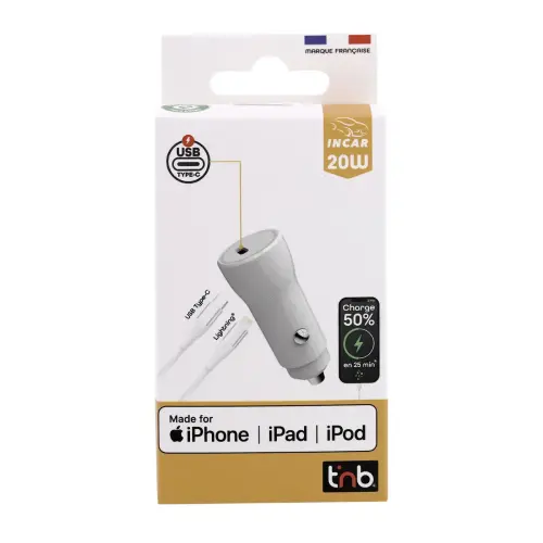 Chargeur voiture USB-C + câble Lightning 1M photo du produit