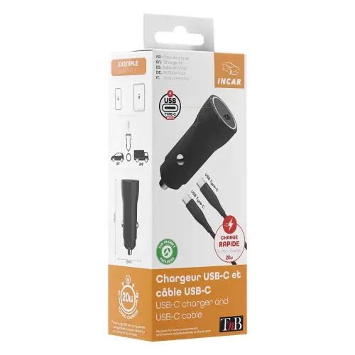 Chargeur voiture USB-C + c&acirc;ble type C 1M photo du produit