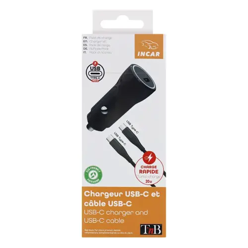 Chargeur voiture USB-C + c&acirc;ble type C 1M photo du produit