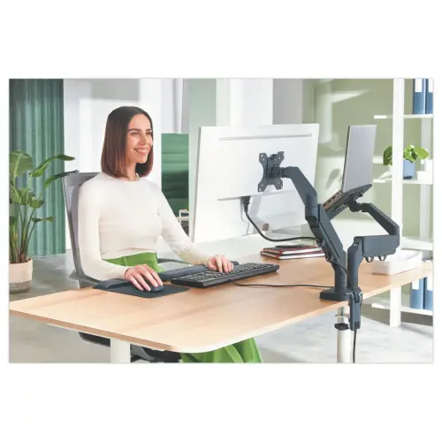 Bras double pour écran et ordinateur portable - Faible encombrement - Gris foncé - Leitz ERGO photo du produit
