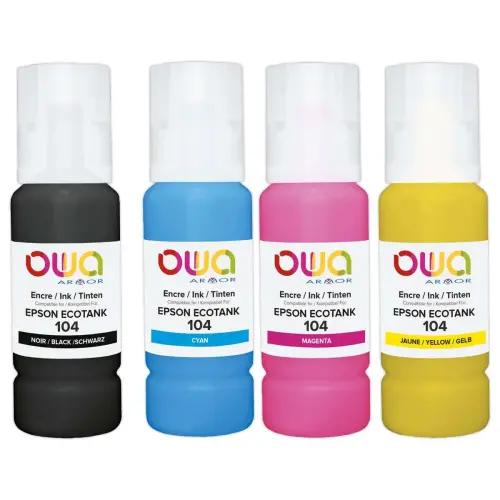 Pack 4 bouteilles d'encre noir et couleurs OWA compatibles EPSON 104 photo du produit